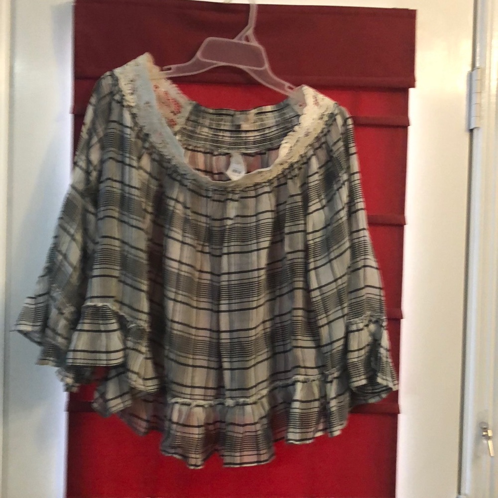 Loft Black and white plaid sheer off shoulder top.
